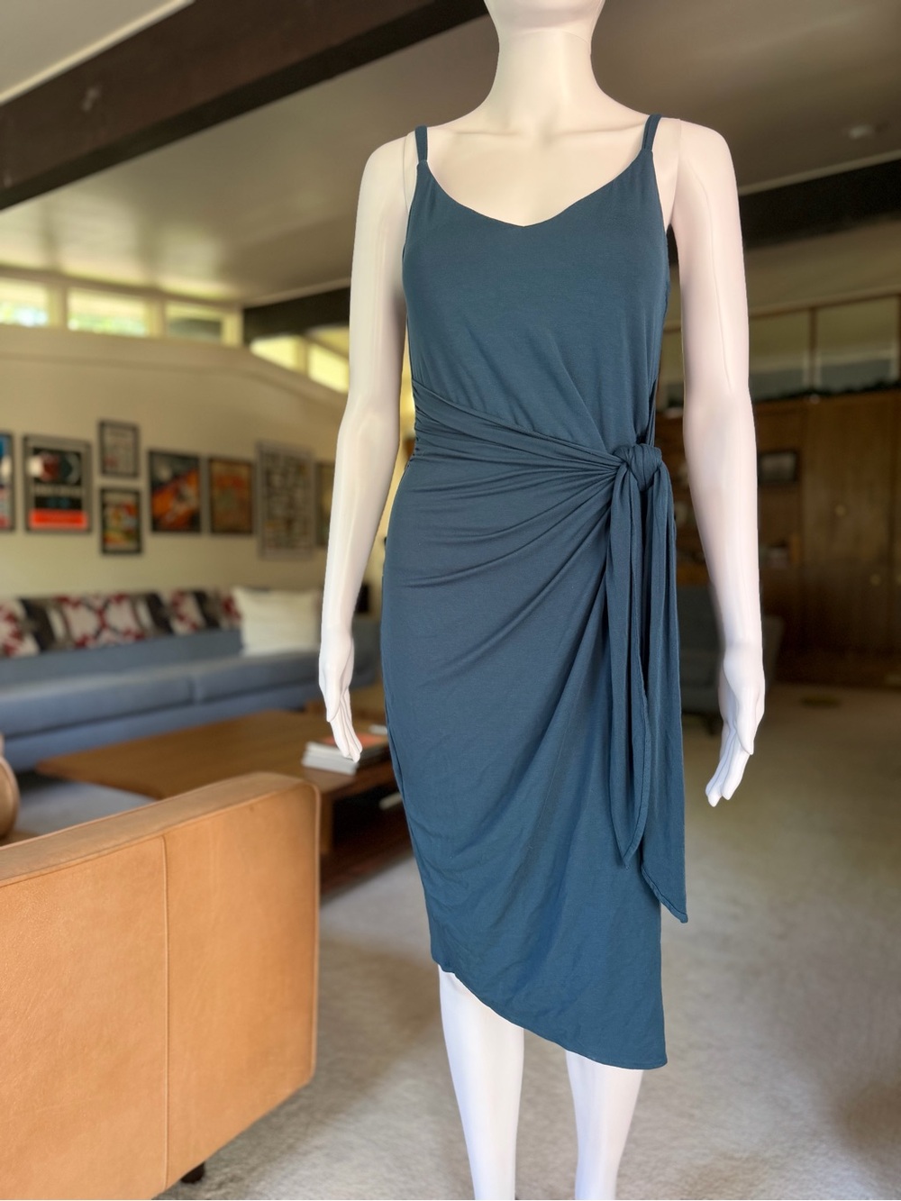 Marciano Sleeveless Scoop-Back Midi Dress in Teal-Blue